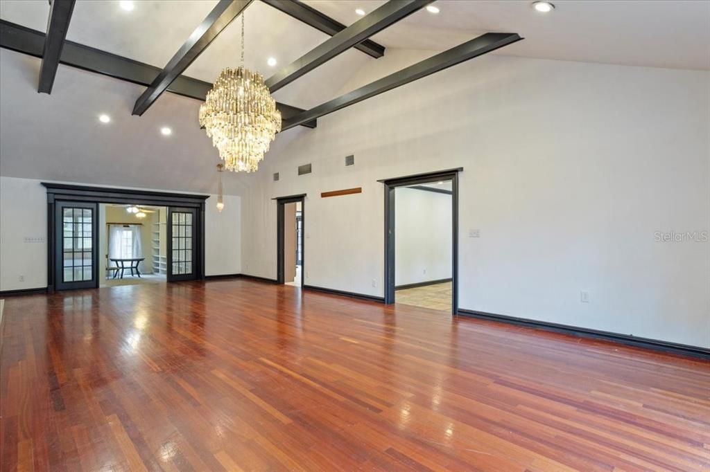 Chandelier, Empty room, Interior, Recessed Lighting, Wooden Beams, Wood Texture Flooring