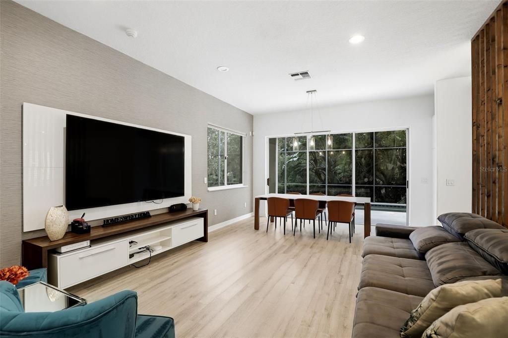 Dining room, Interior, Living room, Pendant Lights, Recessed Lighting, Wood Texture Flooring