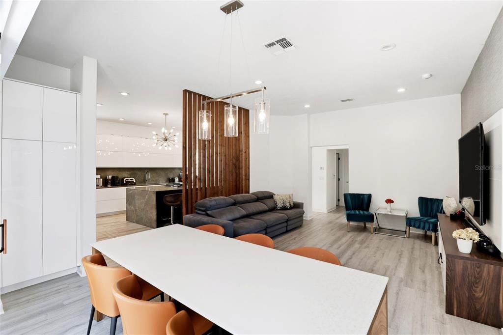 Dining room, Interior, Kitchen, Living room, Pendant Lights, Recessed Lighting, Wood Texture Flooring