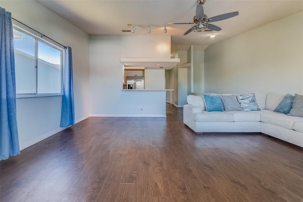 Empty room, Interior, Living room, Recessed Lighting, Wood Texture Flooring