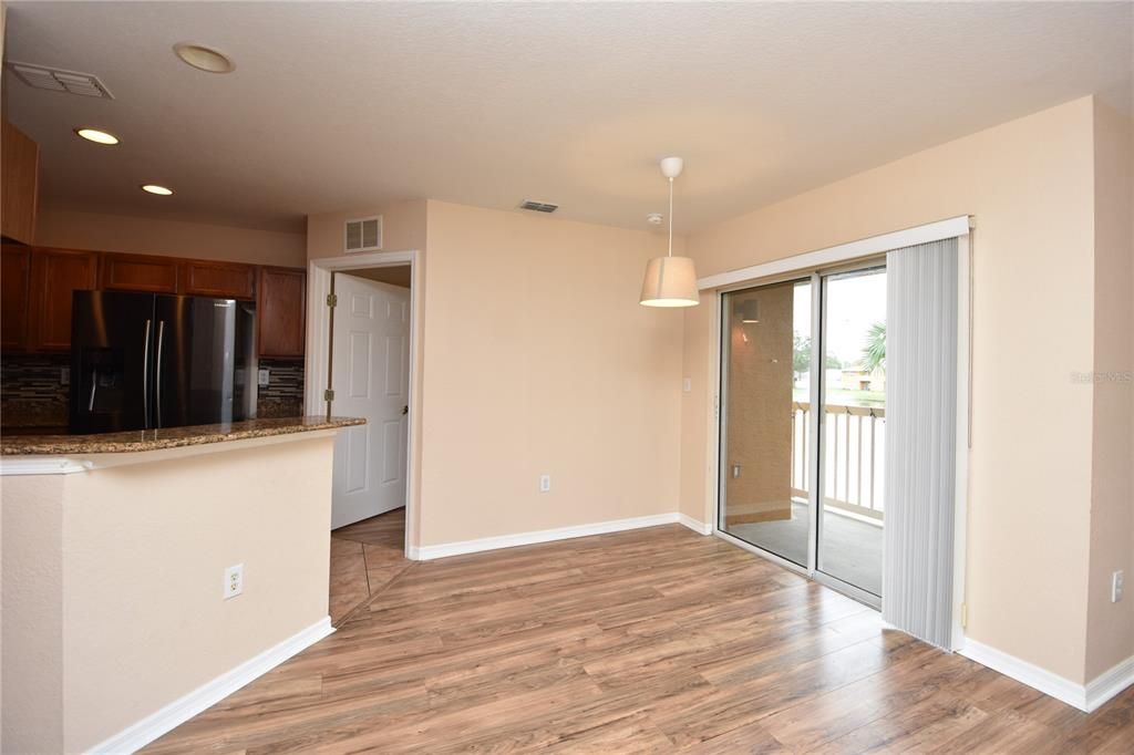 Empty room, Interior, Kitchen, Pendant Lights, Recessed Lighting, Wood Texture Flooring