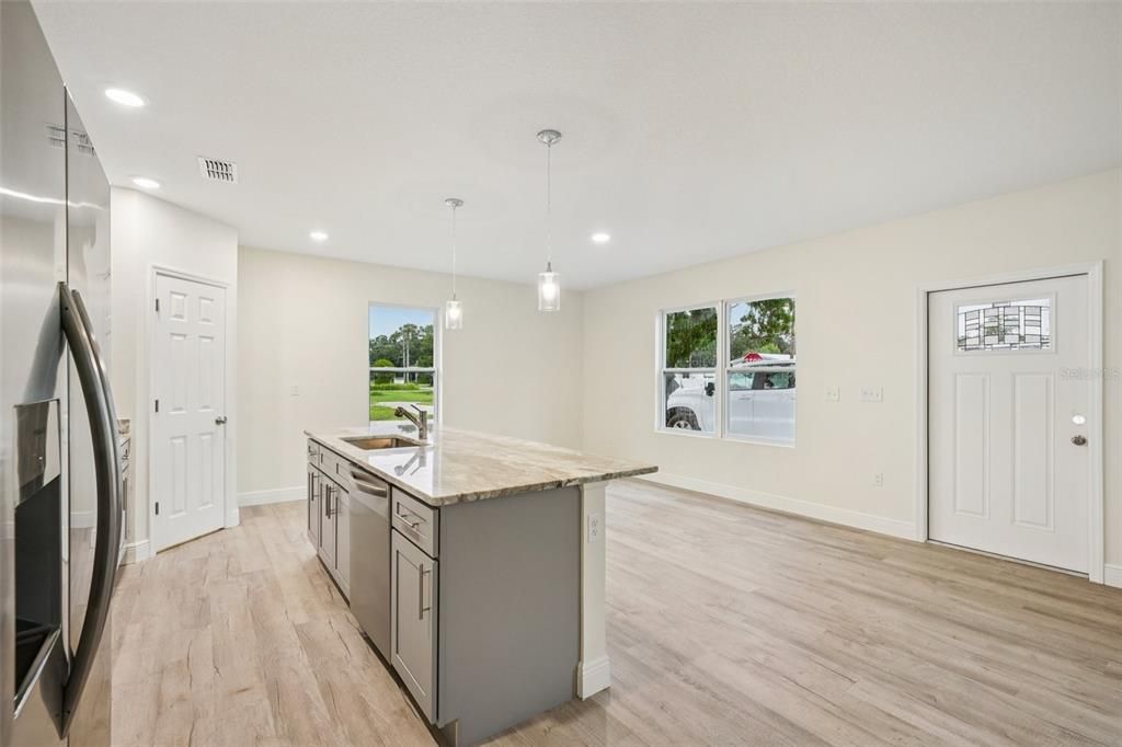 Interior, Kitchen, Pendant Lights, Recessed Lighting, Wood Texture Flooring