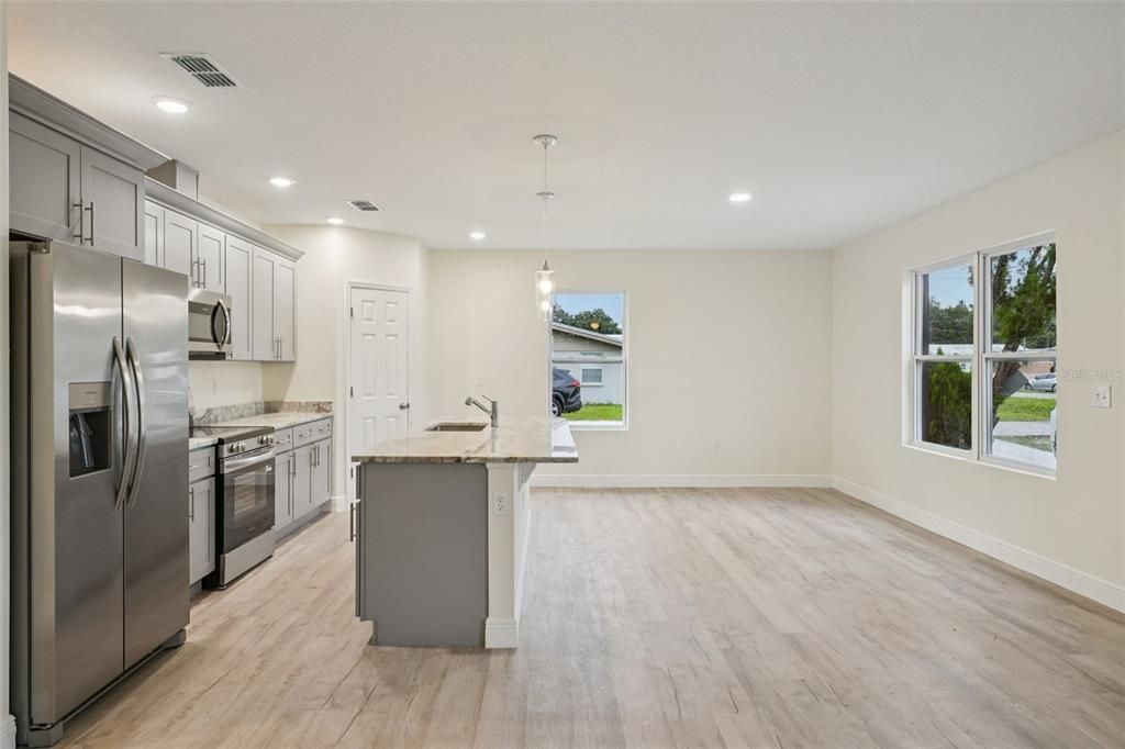 Interior, Kitchen, Pendant Lights, Recessed Lighting, Stainless Steel Appliances, Wood Texture Flooring