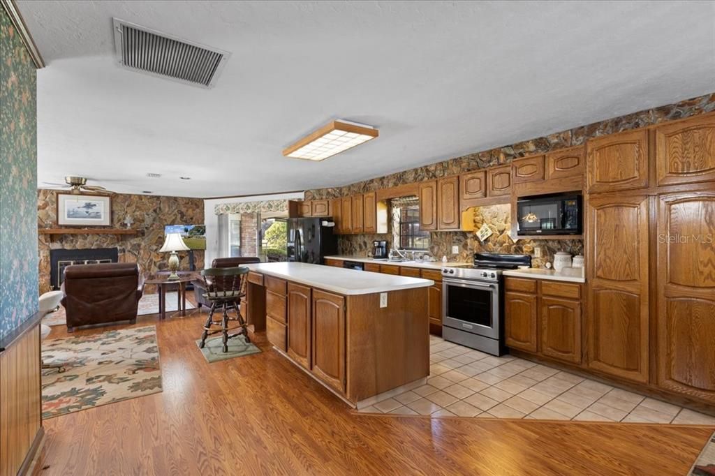 Fireplace, Interior, Kitchen, Living room, Wood Texture Flooring