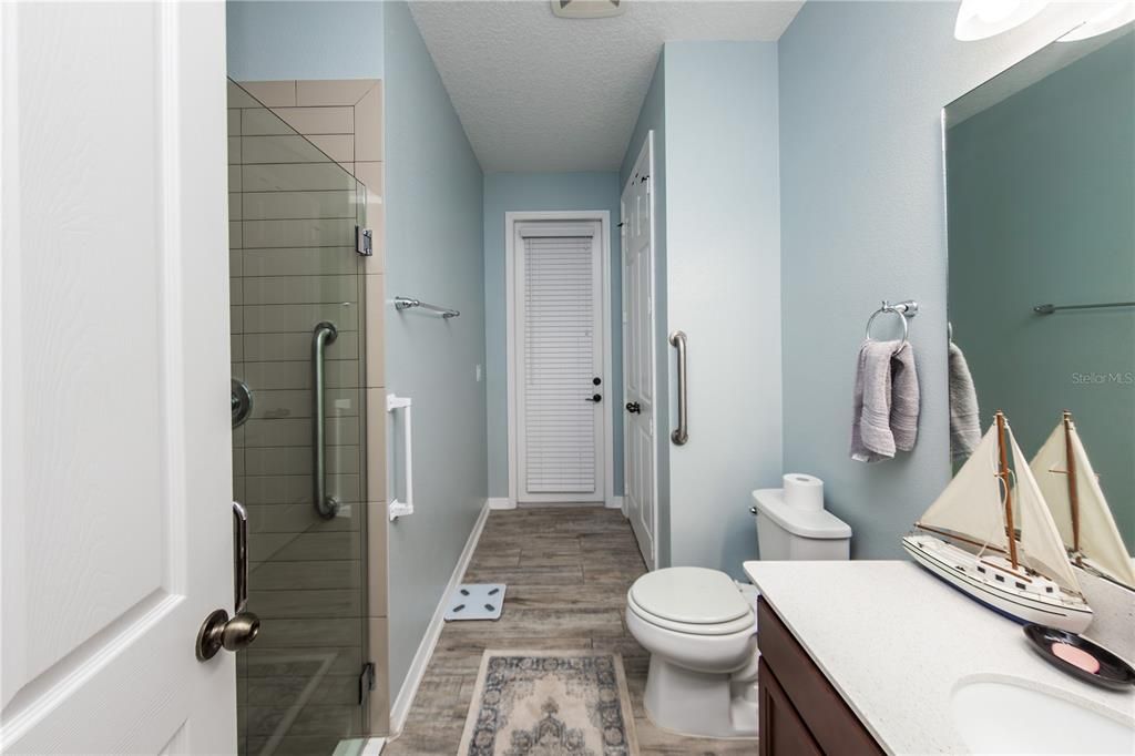 Bathroom, Glass Shower, Interior, Wood Texture Flooring