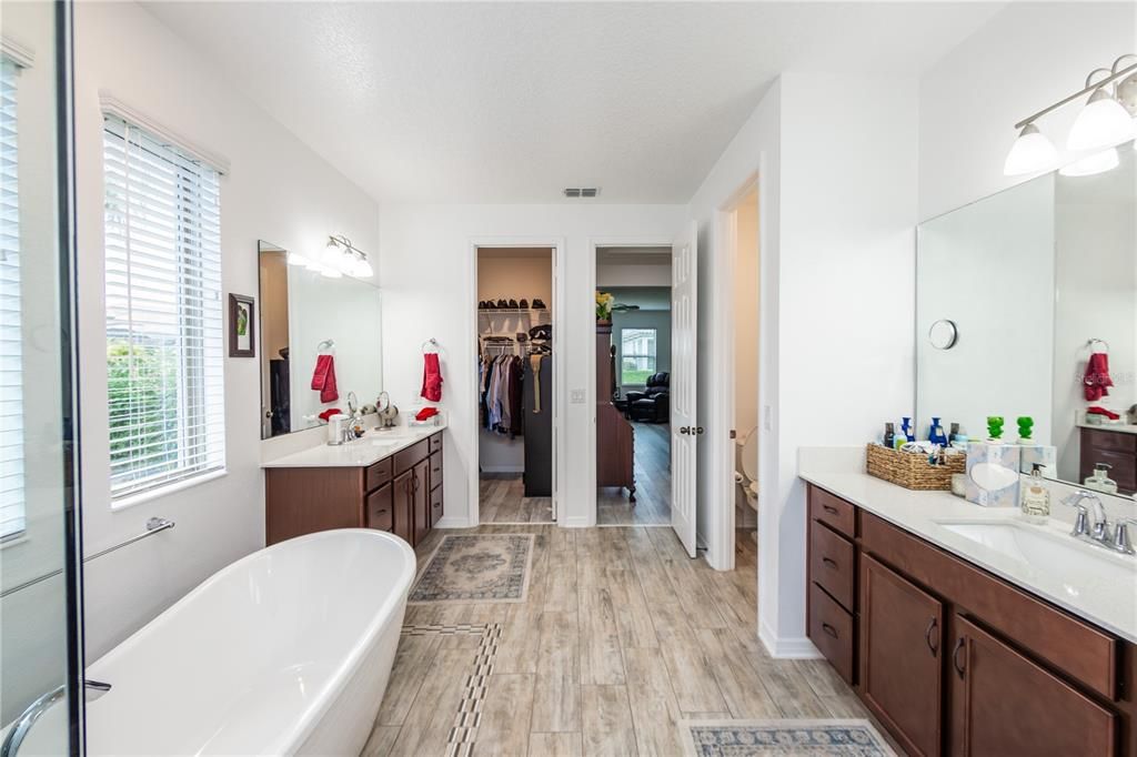 Bathroom, Dual Sink Vanities, Free Standing Baths, Interior, Walk-in Closets, Wood Texture Flooring