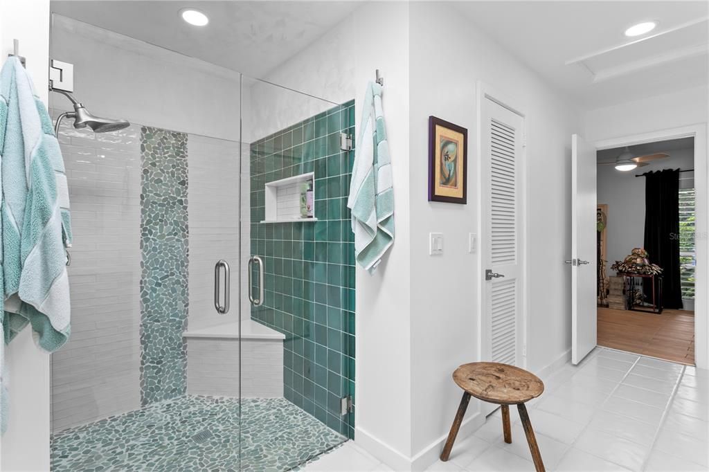 Bathroom, Glass Shower, Interior, Recessed Lighting, Wood Texture Flooring