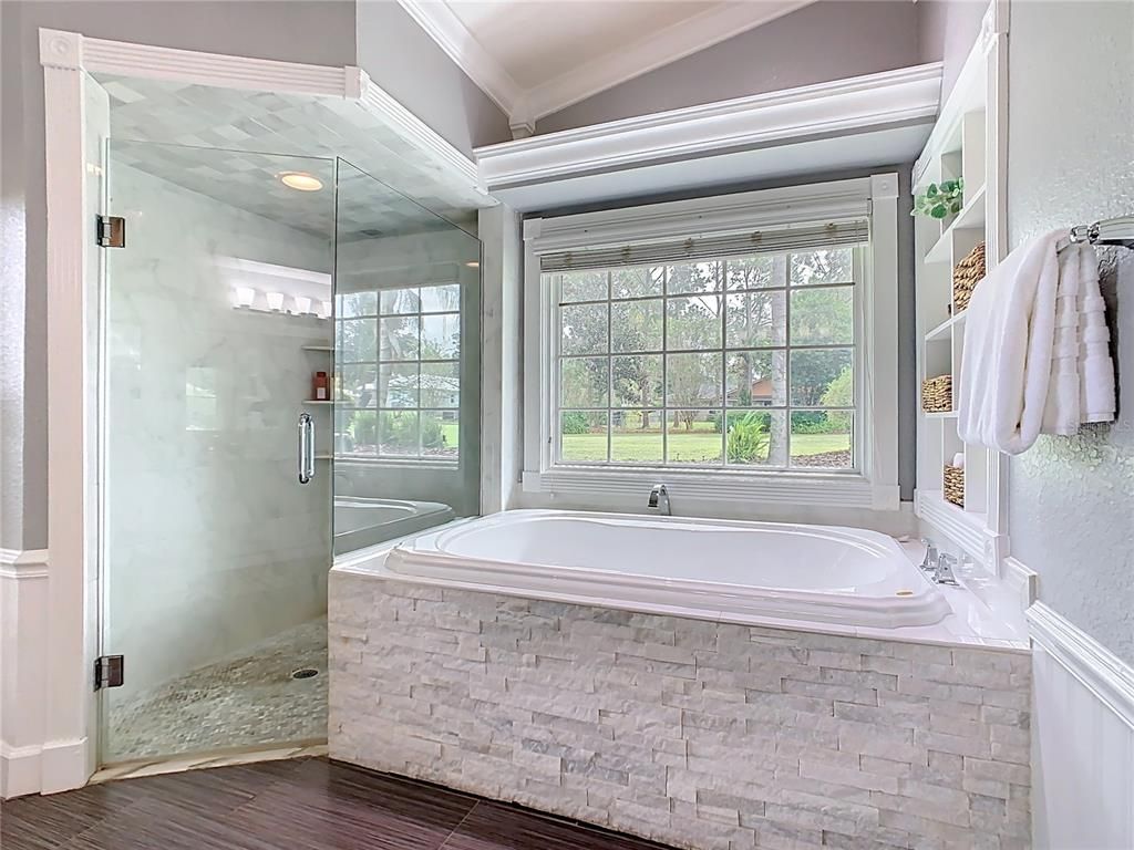 Bathroom, Glass Shower, Interior, Recessed Lighting, Wood Texture Flooring