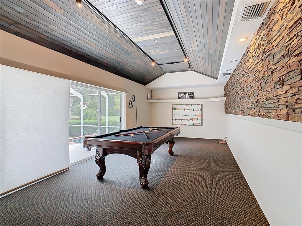 Billiard Table, Game Room, Interior, Recessed Lighting, Stone Walls