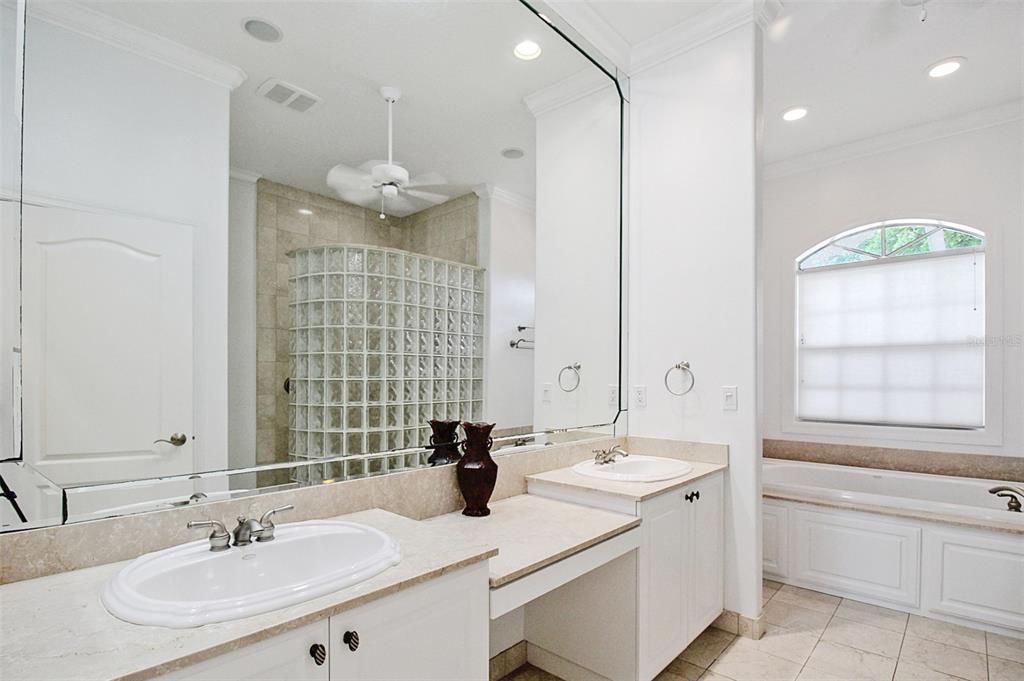 Bathroom, Dual Sink Vanities, Glass Shower, Interior, Recessed Lighting