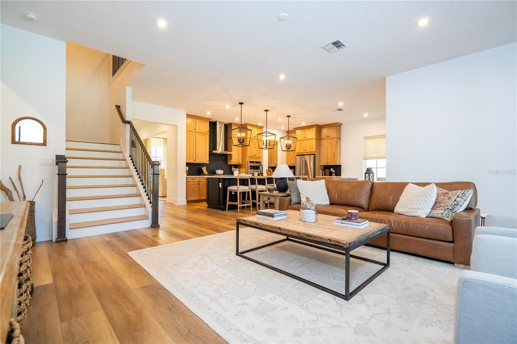 Interior, Kitchen, Living room, Pendant Lights, Recessed Lighting, Stainless Steel Appliances, Wood Texture Flooring