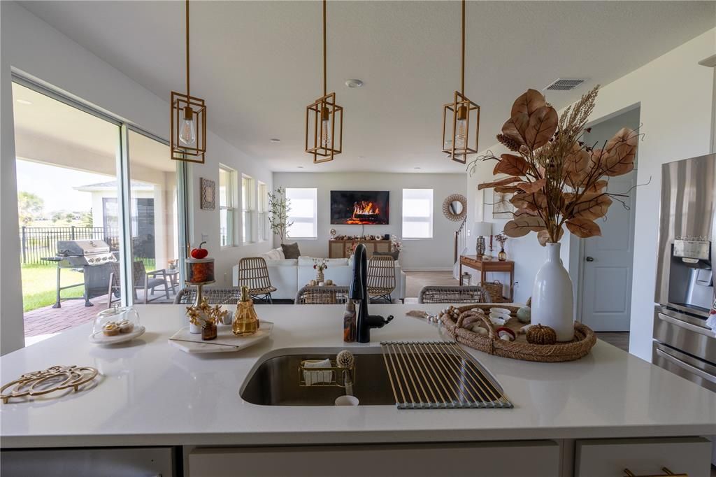 Fireplace, Interior, Kitchen, Living room, Pendant Lights, Stainless Steel Appliances