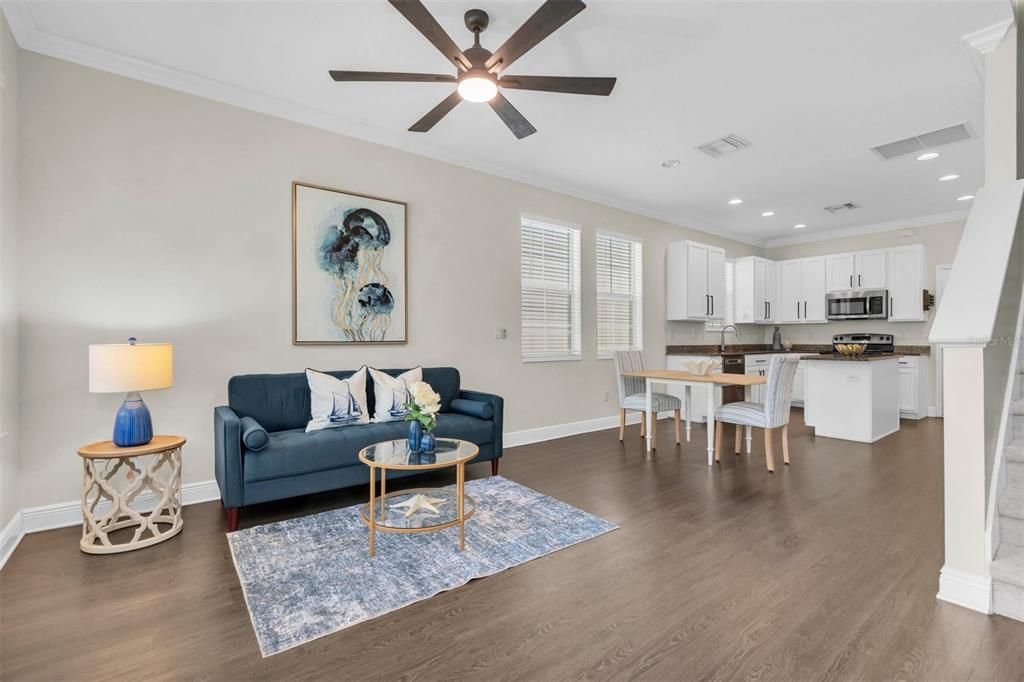 Dining room, Interior, Kitchen, Living room, Recessed Lighting, Stainless Steel Appliances, Wood Texture Flooring