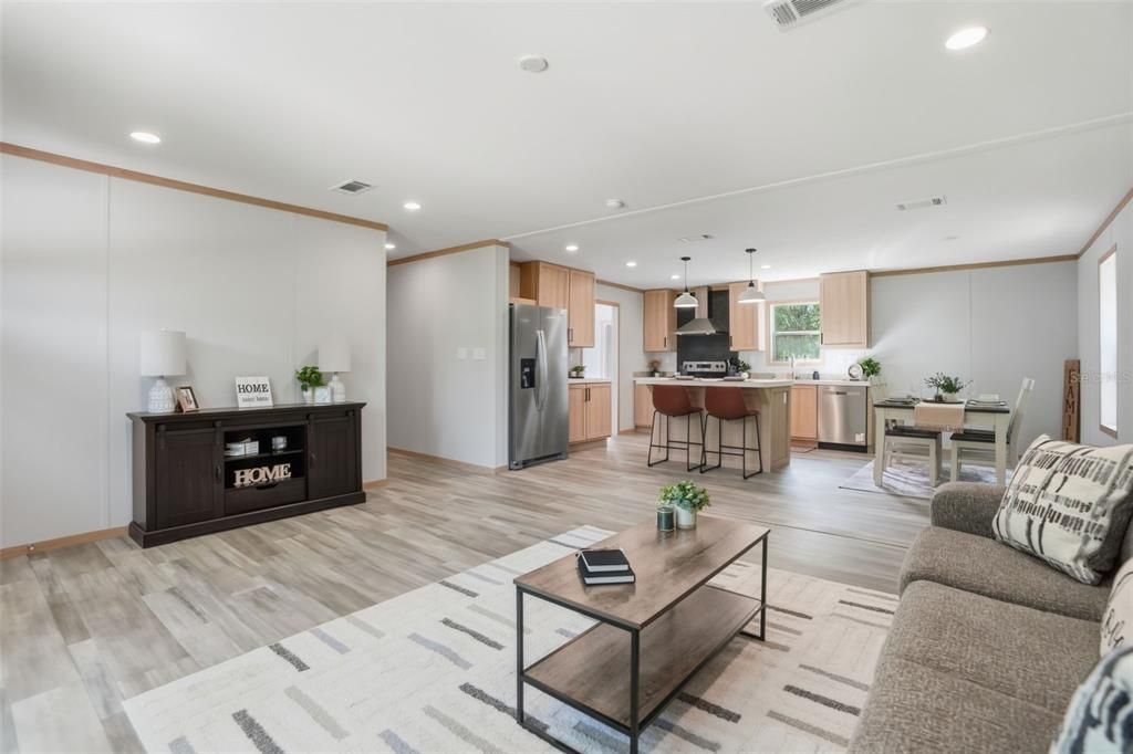 Dining room, Interior, Kitchen, Living room, Pendant Lights, Recessed Lighting, Stainless Steel Appliances, Wood Texture Flooring