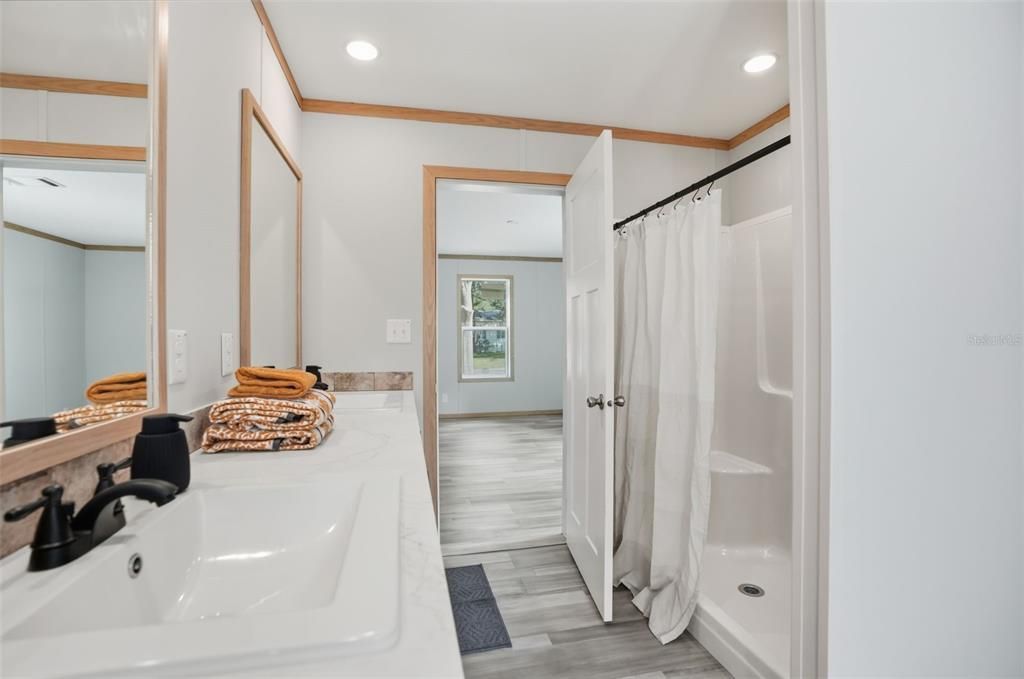 Bathroom, Interior, Recessed Lighting, Wood Texture Flooring