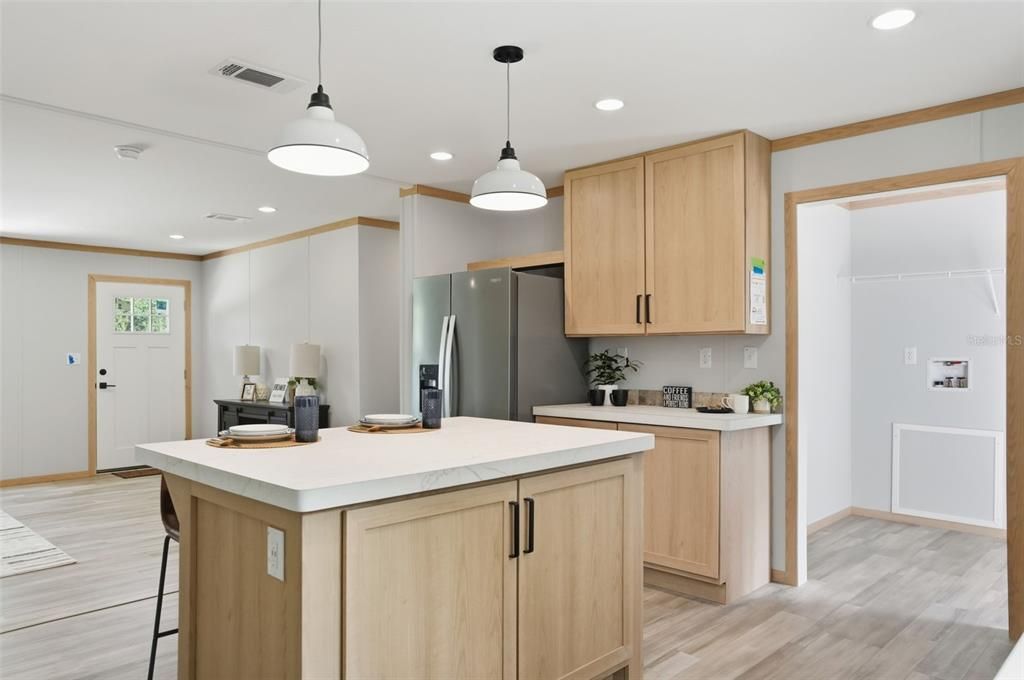 Interior, Kitchen, Pendant Lights, Recessed Lighting, Wood Texture Flooring