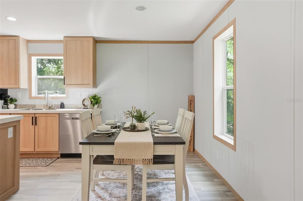 Dining room, Interior, Kitchen, Recessed Lighting, Stainless Steel Appliances, Wood Texture Flooring