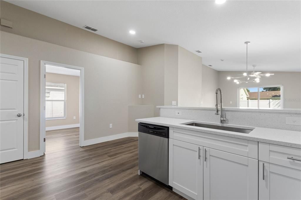 Interior, Kitchen, Pendant Lights, Recessed Lighting, Wood Texture Flooring