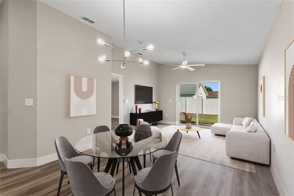 Dining room, Interior, Living room, Pendant Lights, Wood Texture Flooring