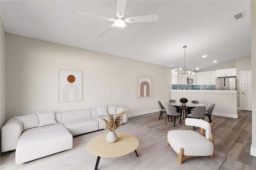 Dining room, Interior, Kitchen, Living room, Pendant Lights, Recessed Lighting, Stainless Steel Appliances, Wood Texture Flooring