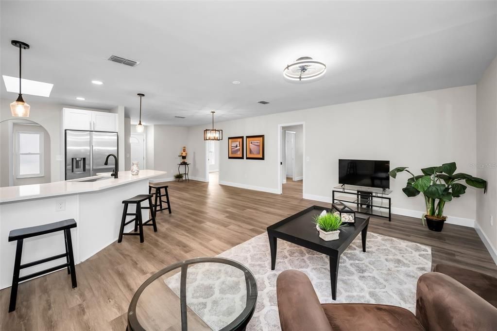 Interior, Kitchen, Living room, Pendant Lights, Recessed Lighting, Stainless Steel Appliances, Wood Texture Flooring