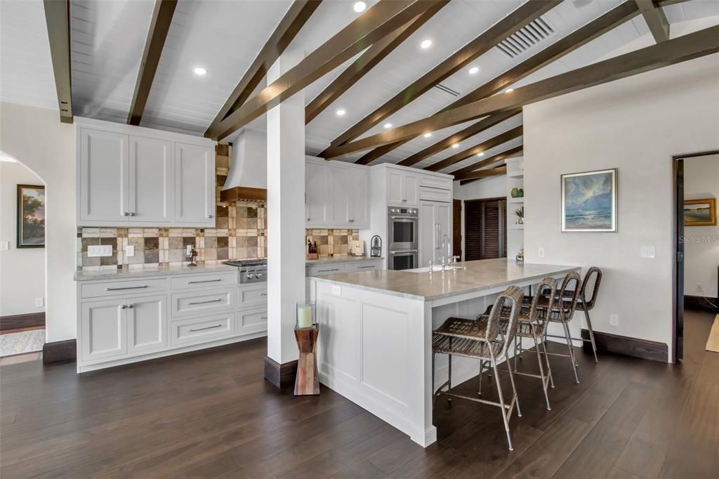 Interior, Kitchen, Recessed Lighting, Stainless Steel Appliances, Wooden Beams, Wood Texture Flooring