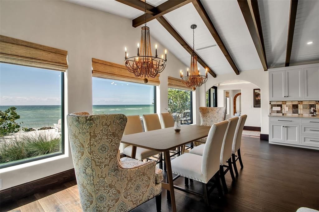 Chandelier, Dining room, Interior, Recessed Lighting, Water, Wooden Beams, Wood Texture Flooring