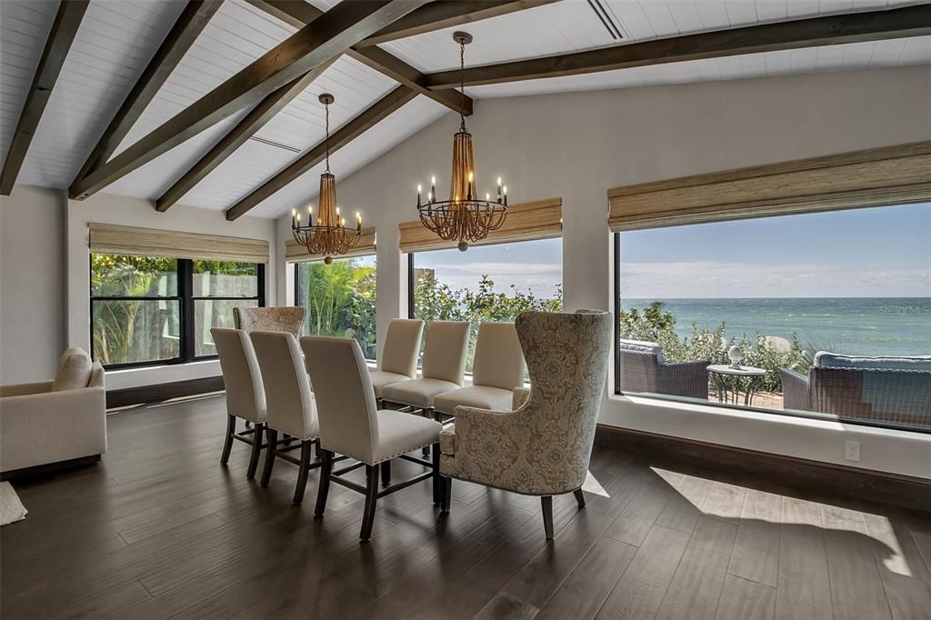 Chandelier, Dining room, Interior, Pendant Lights, Water, Wooden Beams, Wood Texture Flooring