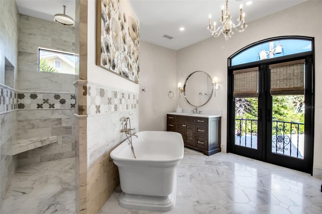Bathroom, Chandelier, Free Standing Baths, Interior, Marble, Marble Walls, Recessed Lighting