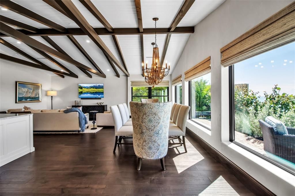 Chandelier, Dining room, Interior, Living room, Recessed Lighting, Wooden Beams, Wood Texture Flooring