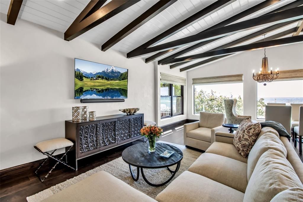 Chandelier, Interior, Living room, Wooden Beams, Wood Texture Flooring