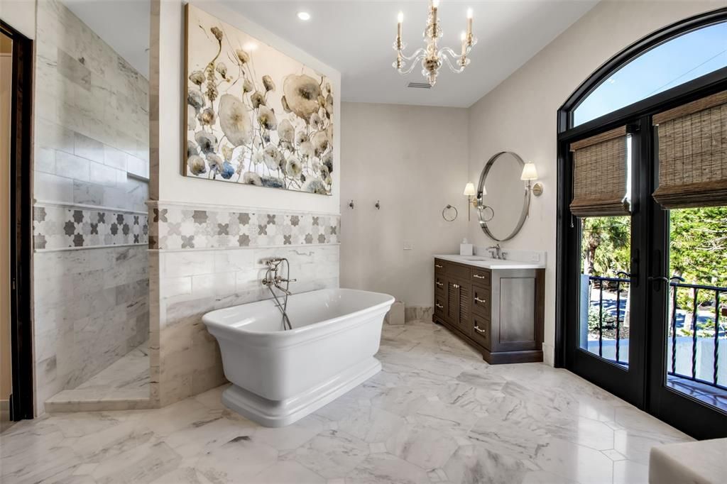 Bathroom, Chandelier, Dual Sink Vanities, Free Standing Baths, Interior, Marble, Recessed Lighting