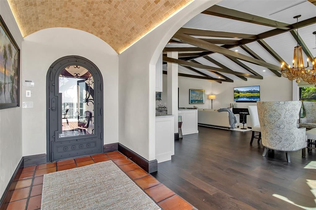 Chandelier, Dining room, Interior, Pendant Lights, Wooden Beams, Wood Texture Flooring