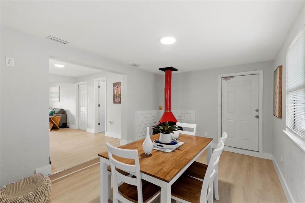 Dining room, Interior, Recessed Lighting, Wood Texture Flooring