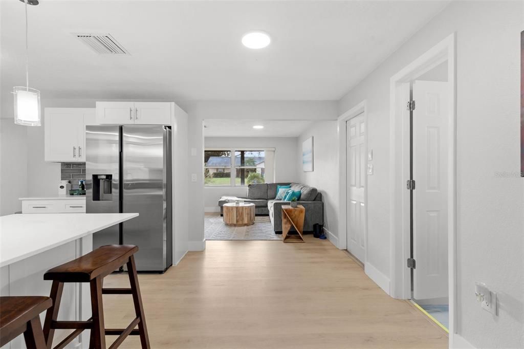 Interior, Kitchen, Living room, Pendant Lights, Recessed Lighting, Stainless Steel Appliances, Wood Texture Flooring