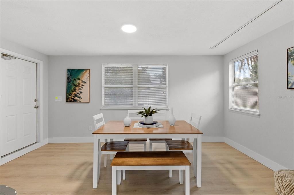 Dining room, Interior, Recessed Lighting, Wood Texture Flooring