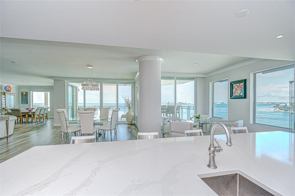 Chandelier, Dining room, Interior, Kitchen, Recessed Lighting, Water, Wood Texture Flooring