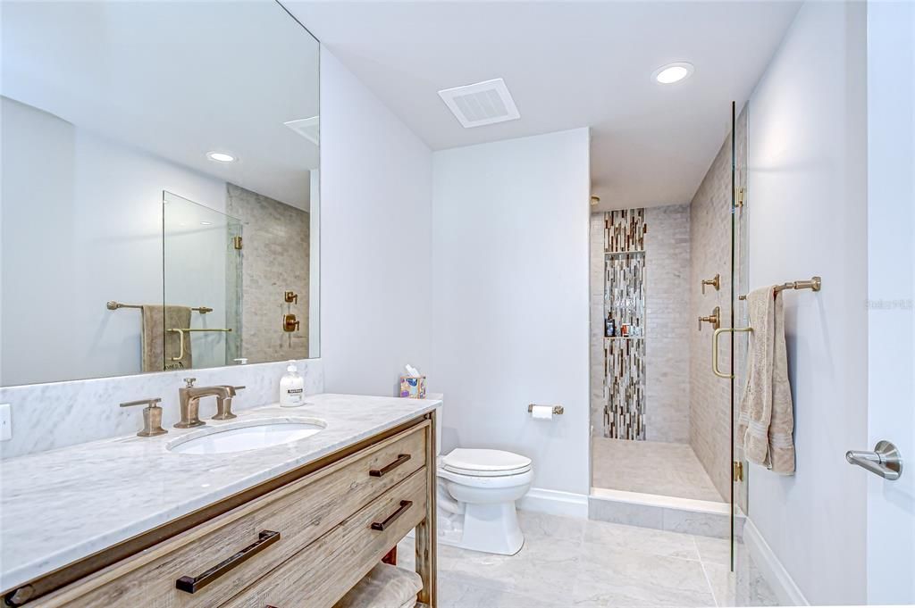 Bathroom, Glass Shower, Interior, Marble, Recessed Lighting