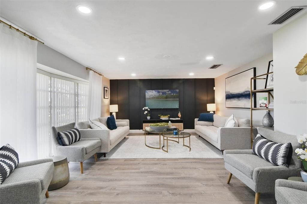 Fireplace, Interior, Living room, Recessed Lighting, Wood Texture Flooring