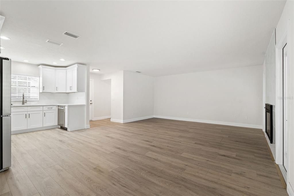 Empty room, Interior, Kitchen, Recessed Lighting, Wood Texture Flooring