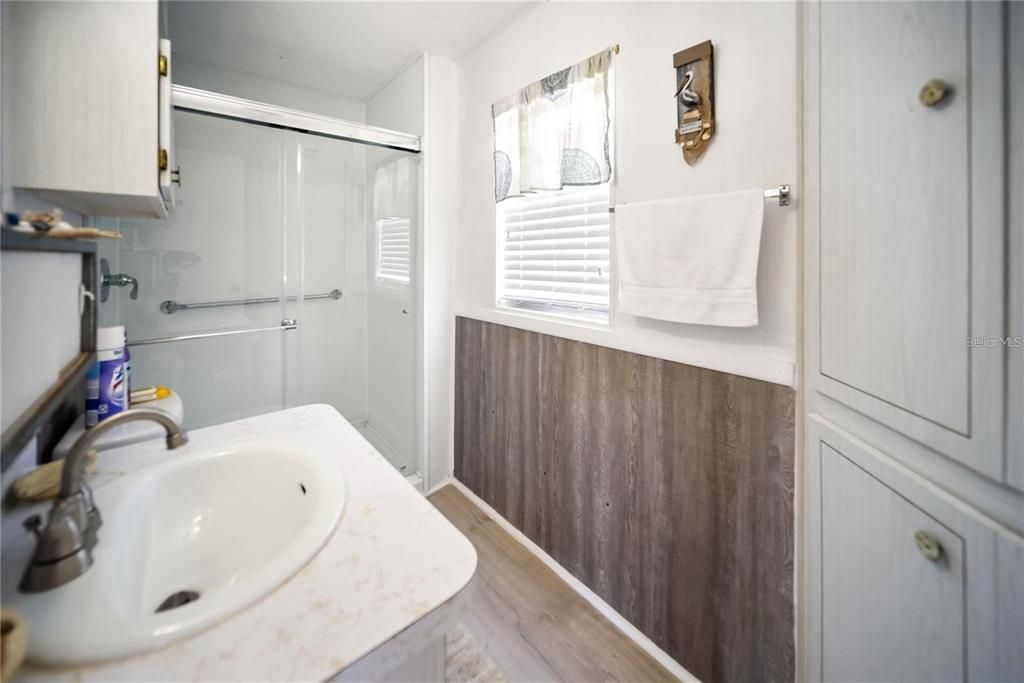 Bathroom, Glass Shower, Interior, Wood Texture Flooring