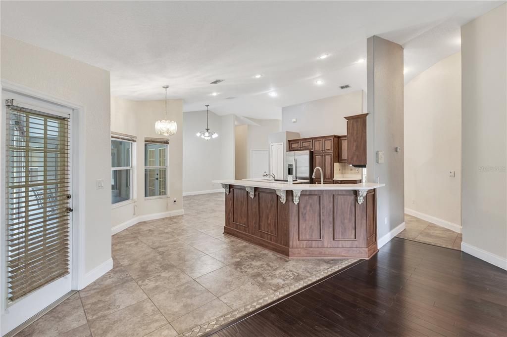 Chandelier, Interior, Kitchen, Pendant Lights, Recessed Lighting, Wood Texture Flooring