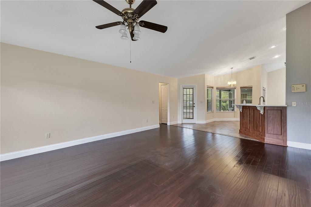 Chandelier, Empty room, Interior, Pendant Lights, Recessed Lighting, Wood Texture Flooring