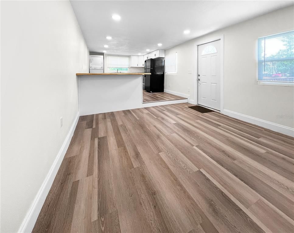 Empty room, Interior, Kitchen, Recessed Lighting, Wood Texture Flooring