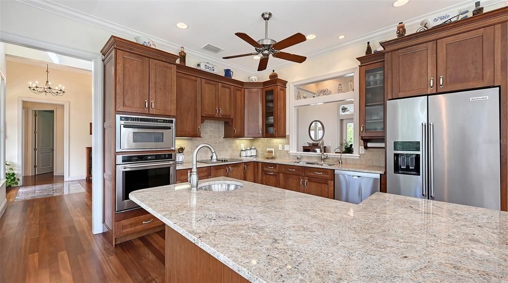 Chandelier, Interior, Kitchen, Recessed Lighting, Stainless Steel Appliances, Wood Texture Flooring