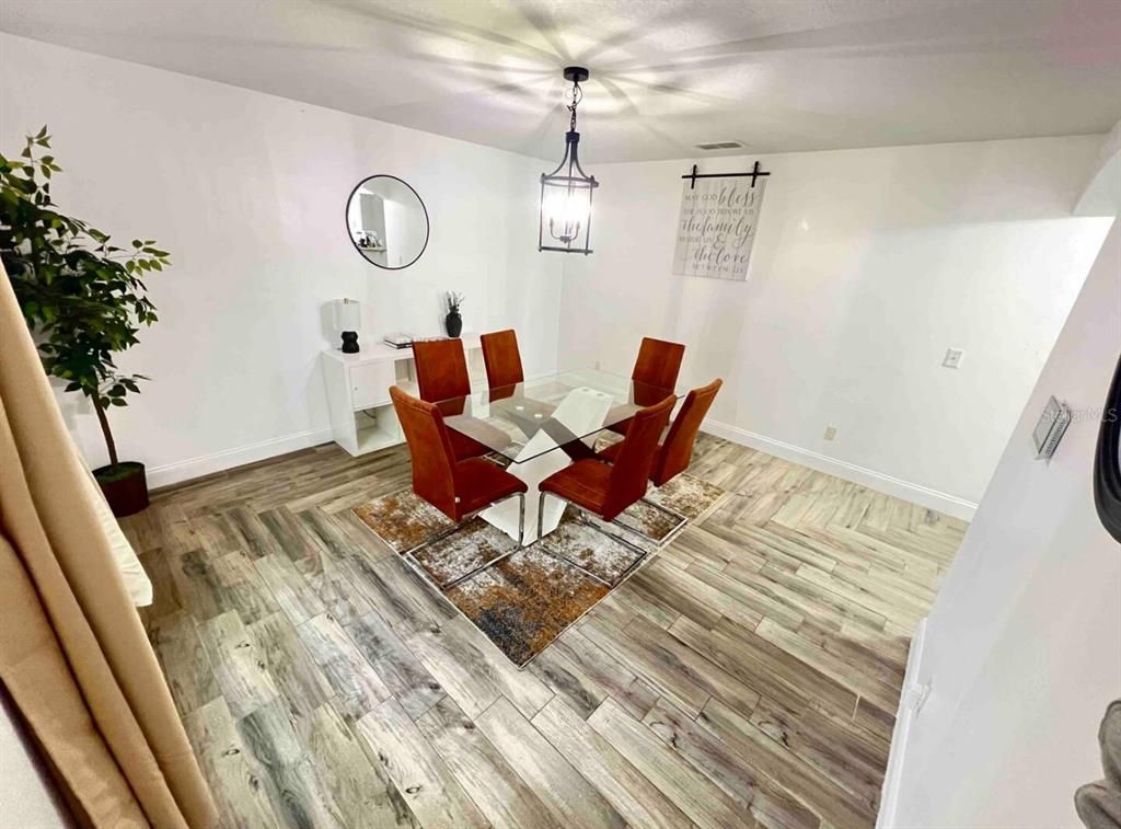 Dining room, Interior, Pendant Lights, Wood Texture Flooring