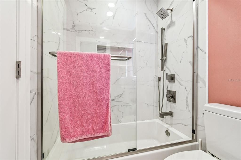 Bathroom, Glass Shower, Interior, Marble Walls, Recessed Lighting