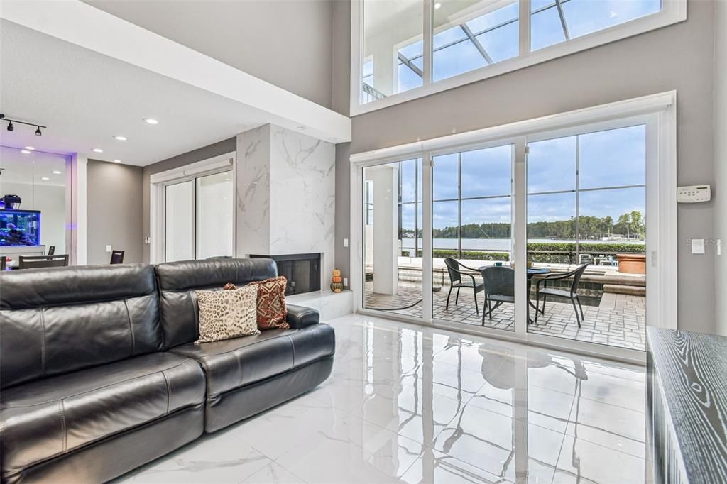 Fireplace, Interior, Living room, Marble, Marble Walls, Recessed Lighting, Water
