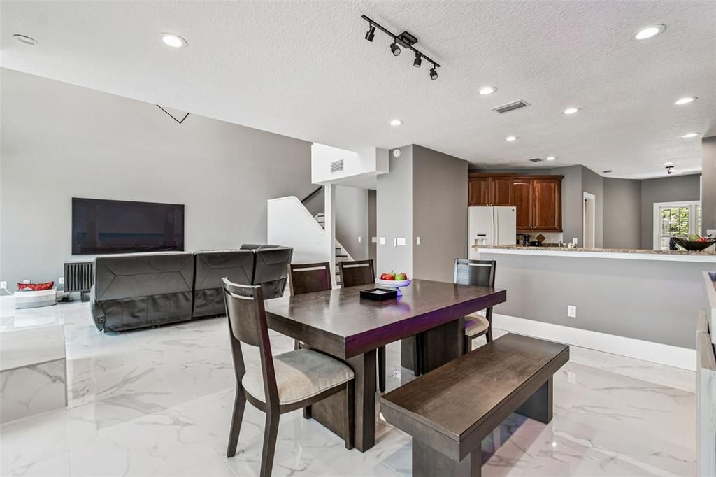 Dining room, Interior, Kitchen, Living room, Marble, Recessed Lighting