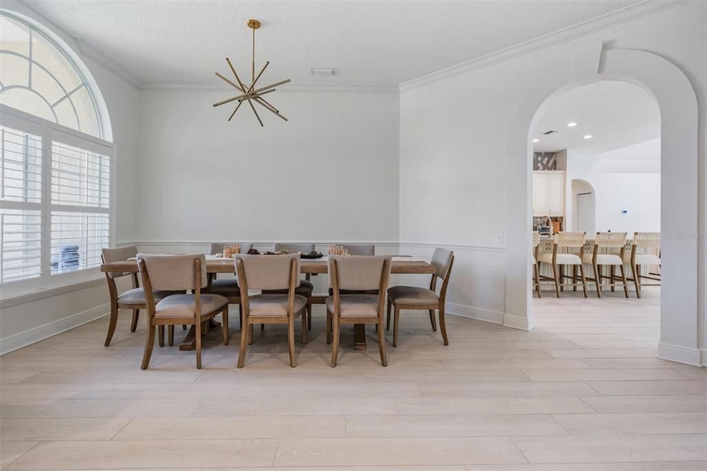Dining room, Interior, Pendant Lights, Recessed Lighting, Wood Texture Flooring